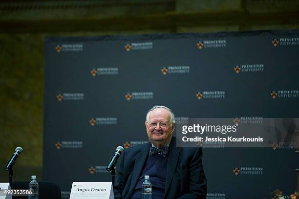 Princeton Professor Angus Deaton speaks about winning the Nobel Prize in Economics at a press conference on October 12, 2015 in Princeton, New...