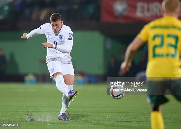 Ross Barkley of England scores their first goal during the UEFA EURO 2016 qualifying Group E match between Lithuania and England at LFF Stadionas on...