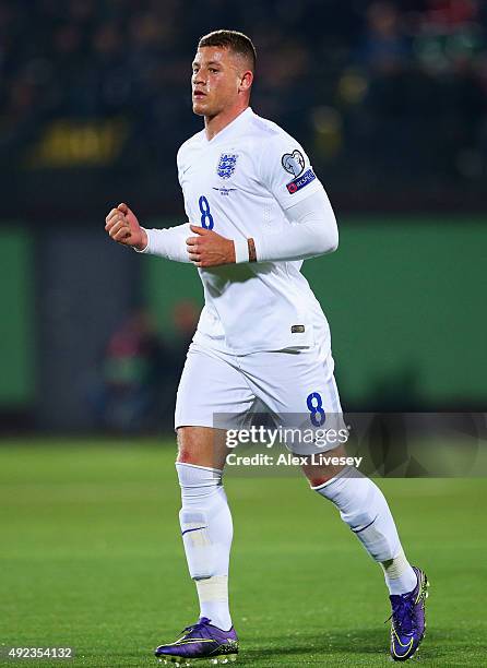 Ross Barkley of England celebrates as he scores their first goal during the UEFA EURO 2016 qualifying Group E match between Lithuania and England at...