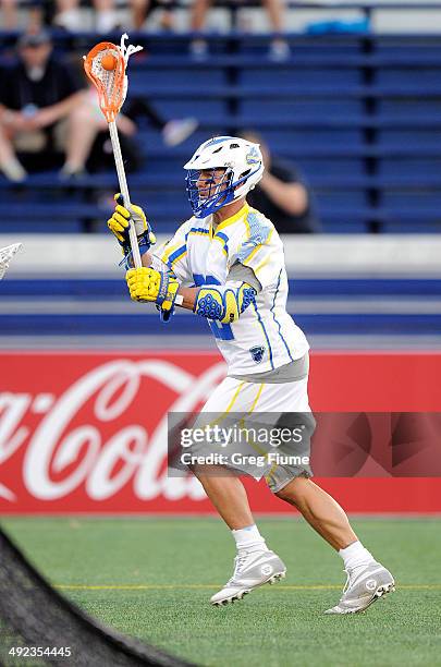 Casey Powell of the Florida Launch passes the ball against the Chesapeake Bayhawks at Navy-Marine Corps Memorial Stadium on May 17, 2014 in...