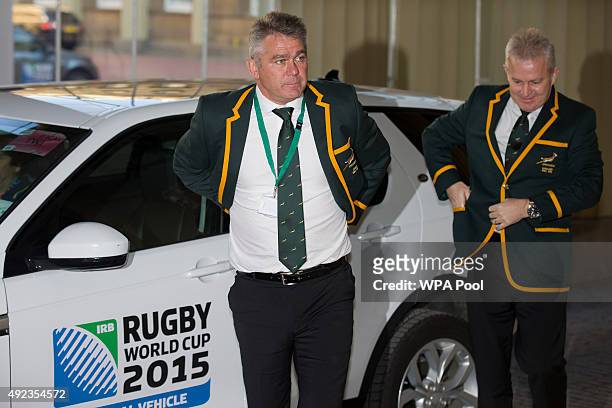 South Africa's head coach Heyneke Meyer arrives for a reception to mark the Rugby World Cup 2015 at Buckingham Palace on October 12, 2015 in London,...