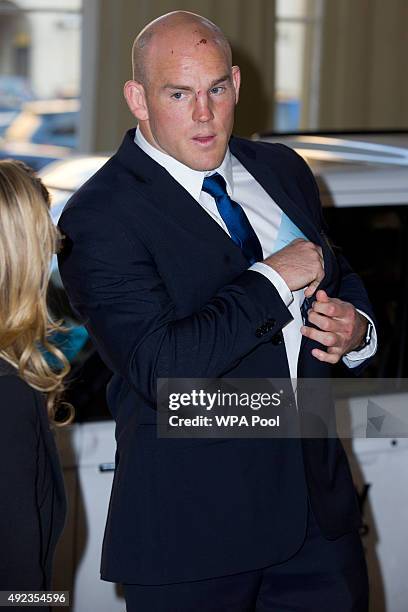 Australia's hooker and captain Stephen Moore arrives for a reception to mark the Rugby World Cup 2015 at Buckingham Palace on October 12, 2015 in...