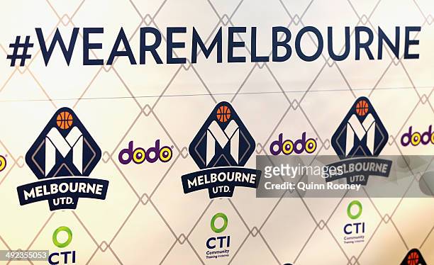 The Melbourne United logo is seen during the Melbourne United NBL press conference at Melbourne United Head Office on May 20, 2014 in Melbourne,...