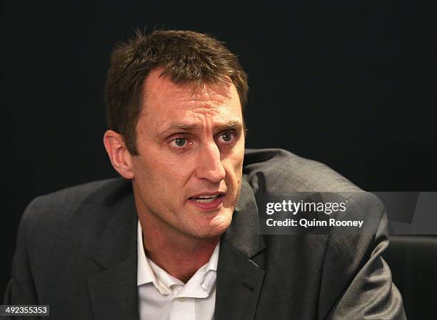 Chris Anstey the coach of United speaks during the Melbourne United NBL press conference at Melbourne United Head Office on May 20, 2014 in...