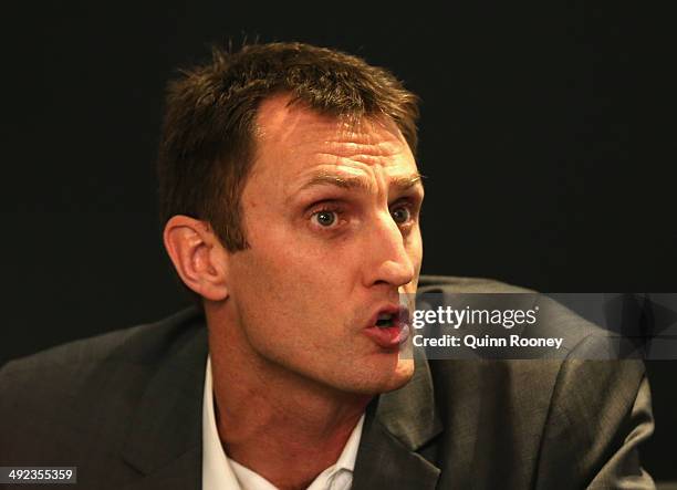 Chris Anstey the coach of United speaks during the Melbourne United NBL press conference at Melbourne United Head Office on May 20, 2014 in...