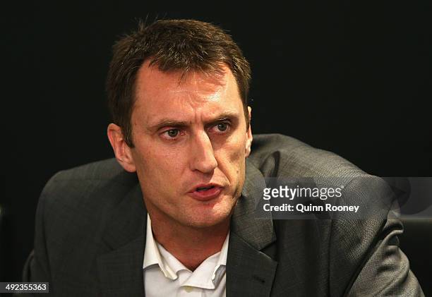 Chris Anstey the coach of United speaks during the Melbourne United NBL press conference at Melbourne United Head Office on May 20, 2014 in...