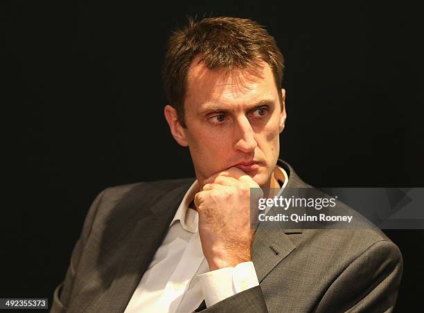 Chris Anstey the coach of United speaks during the Melbourne United NBL press conference at Melbourne United Head Office on May 20, 2014 in...