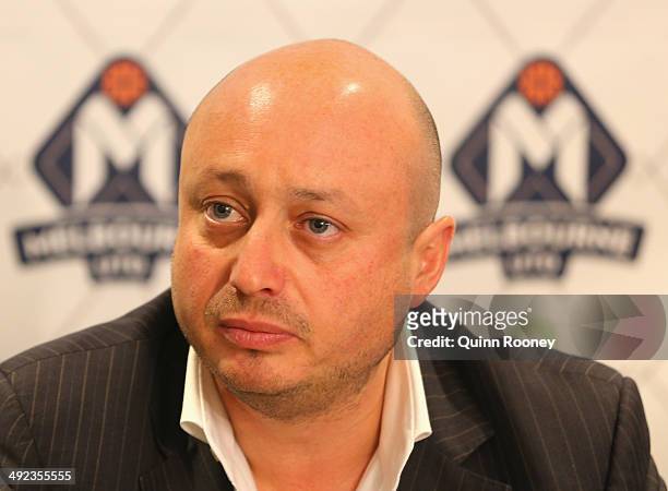 Club owner Larry Kestelman speaks during the Melbourne United NBL press conference at Melbourne United Head Office on May 20, 2014 in Melbourne,...