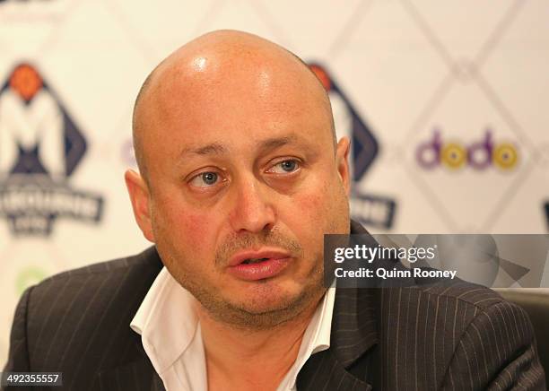 Club owner Larry Kestelman speaks during the Melbourne United NBL press conference at Melbourne United Head Office on May 20, 2014 in Melbourne,...