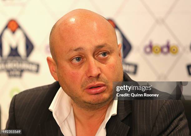 Club owner Larry Kestelman speaks during the Melbourne United NBL press conference at Melbourne United Head Office on May 20, 2014 in Melbourne,...