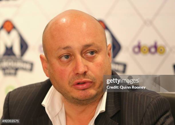 Club owner Larry Kestelman speaks during the Melbourne United NBL press conference at Melbourne United Head Office on May 20, 2014 in Melbourne,...
