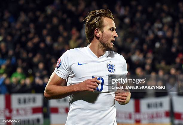 England's Harry Kane reacts after scoring a goal during the Euro 2016 Group E qualifying football match between Lithuania and England at LFF stadium...