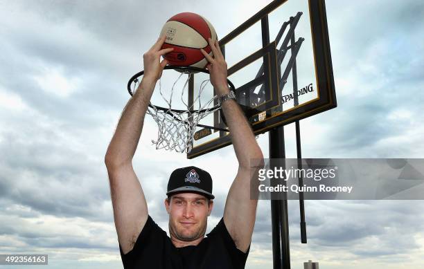 Australian basketballer Mark Worthington poses during the Melbourne United NBL press conference at Melbourne United Head Office on May 20, 2014 in...