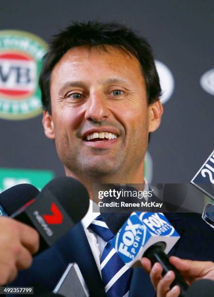 Coach Laurie Daley speaks to the media during the New South Wales Blues State of Origin team announcement at Hilton Sydney on May 20, 2014 in Sydney,...