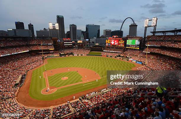 General view of Busch Stadium and the downtown skyline during the game between the St. Louis Cardinals and the Chicago Cubs at Busch Stadium on May...