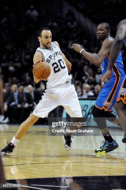 Manu Ginobili of the San Antonio Spurs drives against the Oklahoma City Thunder in Game One of the Western Conference Finals during the 2014 NBA...