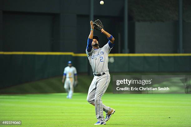 Alcides Escobar of the Kansas City Royals fields a fly ball in the eighth inning against the Houston Astros during game four of the American League...