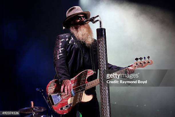 Musician Dusty Hill from ZZ Top performs during the 'Louder Than Life' festival at Champions Park on October 4, 2015 in Louisville, Kentucky.
