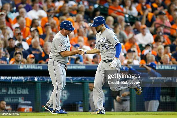 Eric Hosmer of the Kansas City Royals rounds the bases after hitting a two-run home run in the ninth inning against the Houston Astros during game...