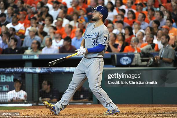 Eric Hosmer of the Kansas City Royals hits a two run home run in the ninth inning against the Houston Astros during game four of the American League...