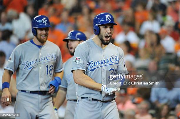 Eric Hosmer of the Kansas City Royals celebrates with teammates after hitting a two-run home run in the ninth inning against the Houston Astros...