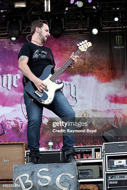 Musician Jon Lawhon from Black Stone Cherry performs during the 'Louder Than Life' festival at Champions Park on October 4, 2015 in Louisville,...