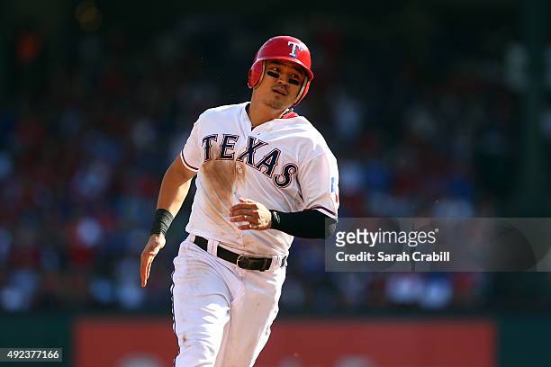 Shin Soo Choo of the Texas Rangers runs to third in the bottom of the third inning of Game 4 of the ALDS against the Toronto Blue Jays at Globe Life...