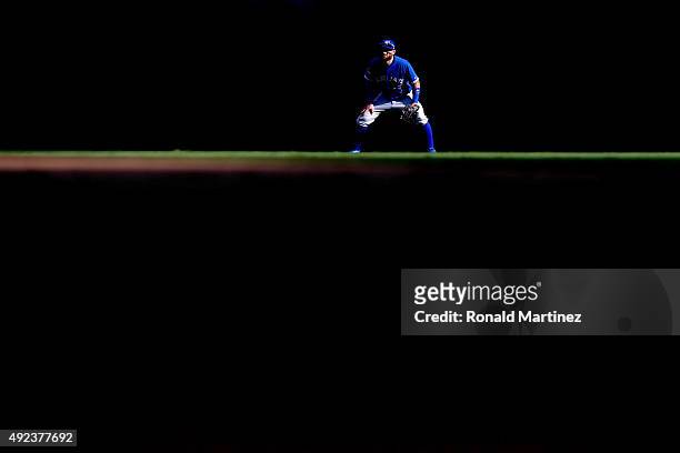 Kevin Pillar of the Toronto Blue Jays in centerfield in the fifth inning against the Texas Rangers in game four of the American League Division...