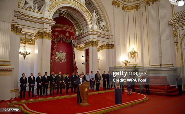 Prince Harry addresses guests at a reception at Buckingham Palace to welcome Rugby World Cup stars on October 12, 2015 in London, United Kingdom.