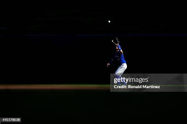 Kevin Pillar of the Toronto Blue Jays catches a ball hit by Rougned Odor of the Texas Rangers in the fifth inning in game four of the American League...