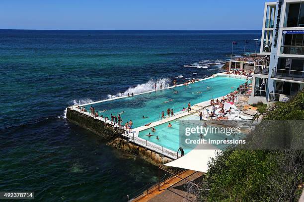 People swim in Bondi Icebergs Pool, which is located at the south end of Bondi Beach in Sydney, New South Wales, Australia.