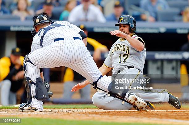 Gaby Sanchez of the Pittsburgh Pirates is tagged out by Brian McCann of the New York Yankees at Yankee Stadium on May 17, 2014 in the Bronx borough...