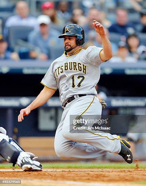 Gaby Sanchez of the Pittsburgh Pirates in action against the New York Yankees at Yankee Stadium on May 17, 2014 in the Bronx borough of New York...