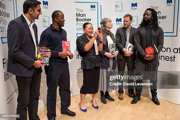 Sunjeev Sahota, Chigozie Obioma, Hanya Yanagihara, Anne Tyler, Tom McCarthy and Marlon James attend a photocall for the Man Booker Prize 2015...