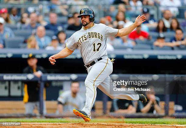 Gaby Sanchez of the Pittsburgh Pirates in action against the New York Yankees at Yankee Stadium on May 17, 2014 in the Bronx borough of New York...