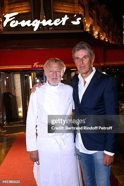 Chef Pierre Gagnaire and CEO of Hotel Barriere Dominique Desseigne attend the Fouquet's Paris Restaurant presents its Menu 'Twisted' by the Chef...