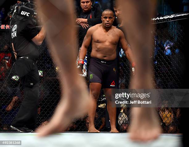 Daniel Cormier waits in his corner before facing Alexander Gustafsson of Sweden in their UFC light heavyweight championship bout during the UFC 192...