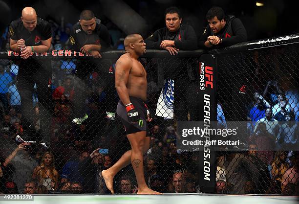 Daniel Cormier waits in his corner before facing Alexander Gustafsson of Sweden in their UFC light heavyweight championship bout during the UFC 192...