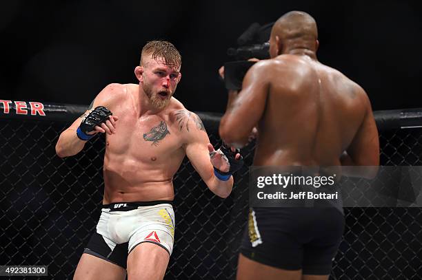 Alexander Gustafsson faces Daniel Cormier in their UFC light heavyweight championship bout during the UFC 192 event at the Toyota Center on October...