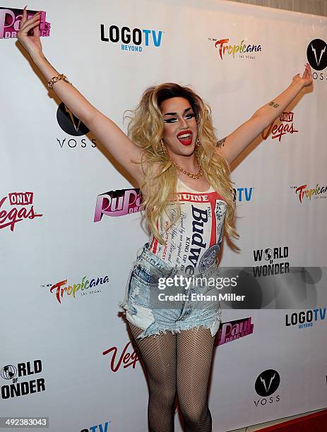 Cast member of season six of "RuPaul's Drag Race" Adore Delano arrives at a viewing party for the show's finale at the New Tropicana Las Vegas on May...
