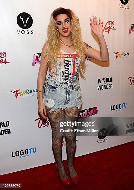 Cast member of season six of "RuPaul's Drag Race" Adore Delano arrives at a viewing party for the show's finale at the New Tropicana Las Vegas on May...