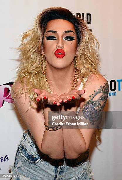 Cast member of season six of "RuPaul's Drag Race" Adore Delano blows a kiss as she arrives at a viewing party for the show's finale at the New...