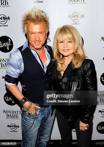 Singer Chris Phillips of Zowie Bowie and actress/singer Pia Zadora arrive at 'Mondays Dark With Mark Shunock' benefiting the NF Network at Vinyl...