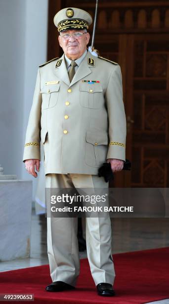 Algeria's Chief of Staff General Ahmed Gaid Salah is seen for the arrival of French Defence Minister Jean-Yves Le Le Drian at the Houari-Boumediene...