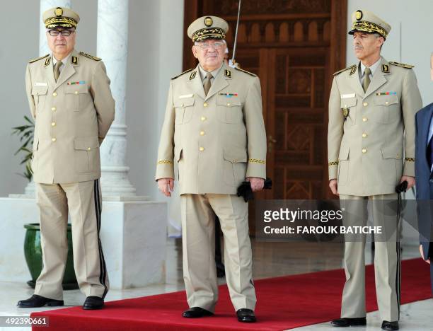 Algeria's Chief of Staff General Ahmed Gaid Salah is seen during the arrival of French Defence Minister Jean-Yves Le Le Drian at the...