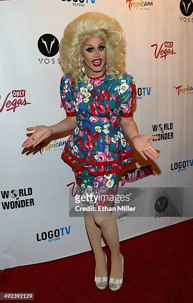 Cast member of season six of "RuPaul's Drag Race" Magnolia Crawford arrives at a viewing party for the show's finale at the New Tropicana Las Vegas...