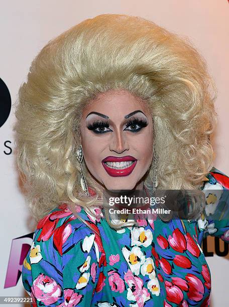 Cast member of season six of "RuPaul's Drag Race" Magnolia Crawford arrives at a viewing party for the show's finale at the New Tropicana Las Vegas...