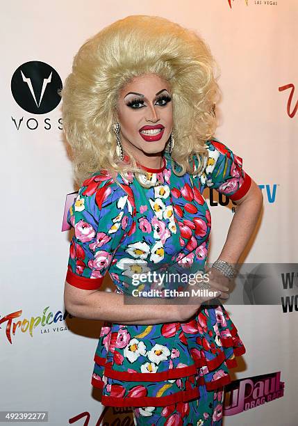 Cast member of season six of "RuPaul's Drag Race" Magnolia Crawford arrives at a viewing party for the show's finale at the New Tropicana Las Vegas...