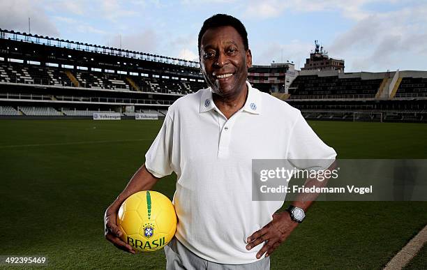 Brazilian football legend Pele poses in during a visit at stadium Vila Belmiro on May 17, 2014 in Santos, Brazil.