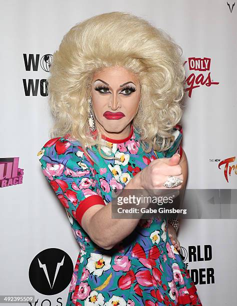 Cast member of season six of "RuPaul's Drag Race" Magnolia Crawford arrives at a viewing party for the show's finale at the New Tropicana Las Vegas...